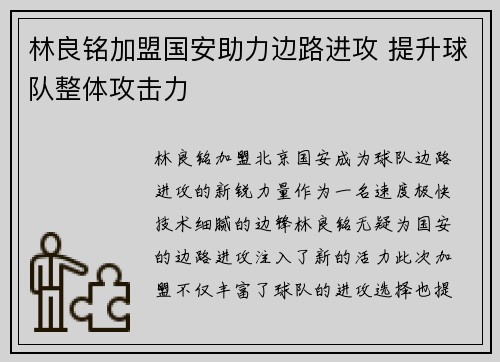 林良铭加盟国安助力边路进攻 提升球队整体攻击力