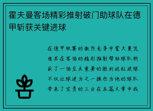 霍夫曼客场精彩推射破门助球队在德甲斩获关键进球